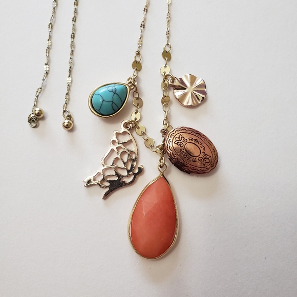 Sliding necklace with butterfly charm and Locket and stone charms - Picture 4 of 7